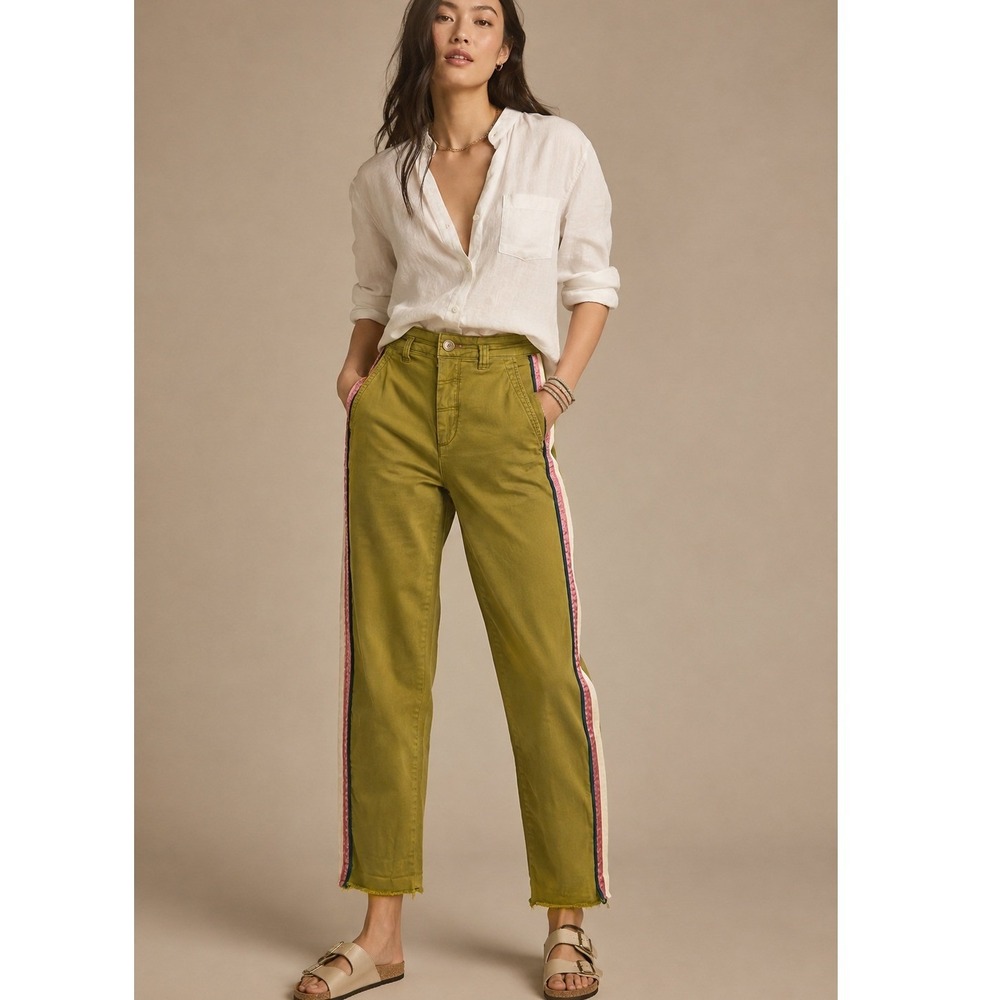Pilcro Anthropologie Easton Chino Pants Women 25 Olive Green Side Stripe Raw Hem